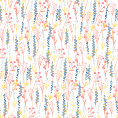 tiny wildflowers seamless pattern. Twigs on a light background