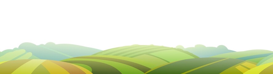Rural landscape with garden farmer hills. Grassland. Cute funny cartoon design. Horizontally background seamless illustration. Flat style. Isolated Vector.
