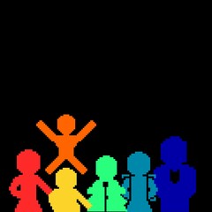 A group of people in pride color (pixelated)