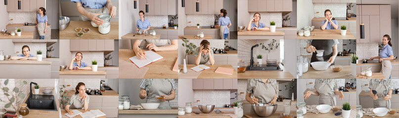 Collage of images of a young woman pastry chef, home gluten-free cooking, tools on kitchen interior...