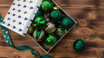 Box with Christmas balls in one color on a wooden surface