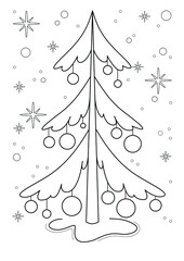 Cartoon page for coloring book with Christmas tree, hand-drawn vector illustration.