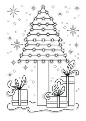 Cartoon page for coloring book with Christmas tree and gift boxes, hand-drawn vector illustration.