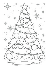 Cartoon page for coloring book with Christmas tree, hand-drawn vector illustration.