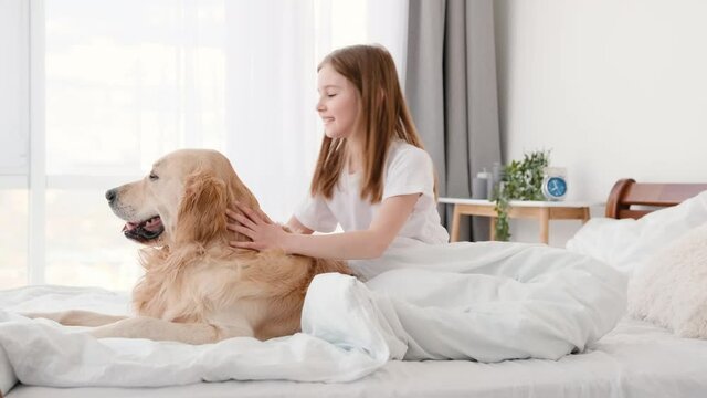Beautiful preteen little girl sitting in the bed hugging golden retriever dog and making selfie with smartphone. Cute smiling kid doing photos with pet in bedroom on cell phone. Child and technologies