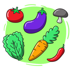 Set of vegetable vector illustrations in cute drawing style. Colorful vegetable doodle collection