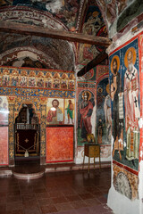 Fototapeta na wymiar In the Church of St. Nicholas the Wonderworker in Kakopetria, the upper gable roof was used for the first time. The villagers hid the domes and arches of the Orthodox Church under it from the Turks. 