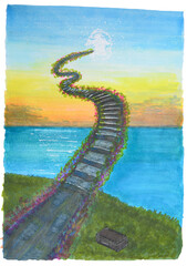 A sketch of a fairytale road to heaven, decorated with flowers, with frayed steps