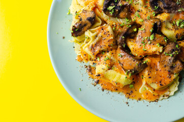Fresh egg pasta with ricotta cheese and porcini mushrooms paste filling, delicious tortelloni