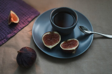 Rustic still life with fresh ripe figs. 
