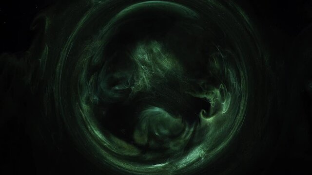 Steam whirl. Fading circle frame. Mystic vortex. Toxic fume animation. Green glitter dust particles round mist swirl motion on dark abstract background layer for intro.
