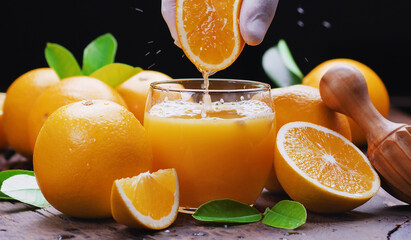 Fototapeta na wymiar Yellow orange fruits and fresh orange juice. Squeezing out the fresh orange.