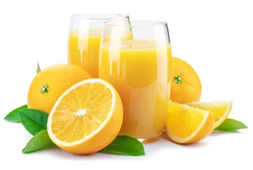 Zelfklevend Fotobehang Yellow orange fruits and two glasses of fresh orange juice isolated on white background. © volff
