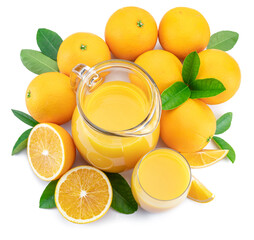 Yellow orange fruits and fresh orange juice isolated on white background.