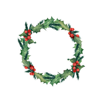 Christmas wreath. Watercolor illustration with holly berries, christmas tree branches in oval, circle border, frame for greeting cards, invitations