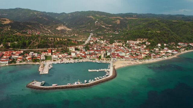 Aerial view of Nea Skioni is located in the southwest part of the peninsula of Kassandra, Halkidiki. Greece