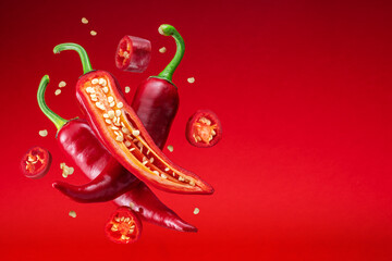 Fresh red chilli peppers and cross sections of chilli pepper with seeds floating in the air. - obrazy, fototapety, plakaty