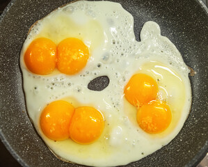 Fried eggs in the frying pan close-up. Top view.