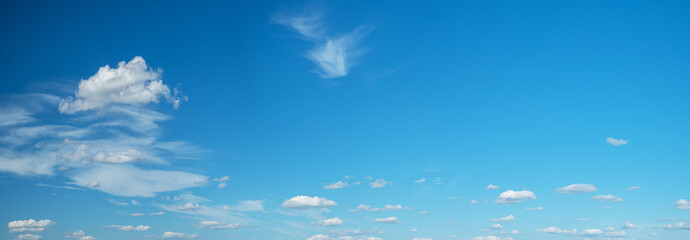 Deep blue sky and white different types of clouds in it. Beautiful nature background.