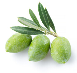 Green natural olives with leaves isolated on a white background.