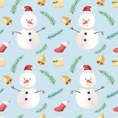 Watercolor Christmas snowman, red socks, gift box,bow, bell, green pine branches on blue