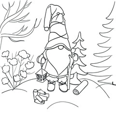 Old gnome in the forest coloring book