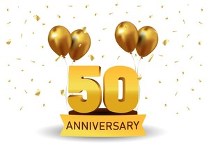 50 Anniversary gold numbers with golden confetti. Celebration anniversary event party template.