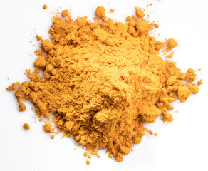 Turmeric powder or curcuma powder, commonly used as a spice or dyeing. Isolated on white background.