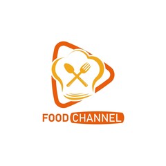 Food Channel Logo. Culinary TV. With a play, chef hat, spoon, and fork icon. Premium and luxury design