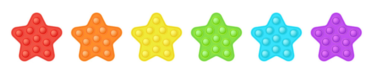 Set of popit stars in style a fashionable silicon fidget toys. Addictive antistress toy in bright colors - red, orange, blue, green, yellow, purple. Bubble pop it for kids. Isolated vector