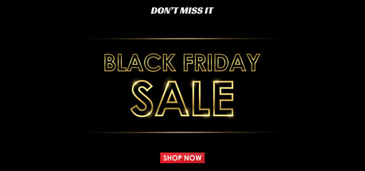Obraz premium Black Friday Sale banner background. Shiny golden text and gold light. Luxury dark background. Good for banner, poster, header website. vector illustration