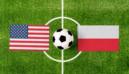 Top view soccer ball with USA vs. Poland flags match on green football field.