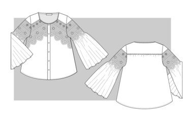 Summer textile Blouse with lace and long bell sleeves. Technical sketch. - obrazy, fototapety, plakaty