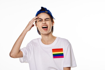 woman with lgbt flag transgender community light background