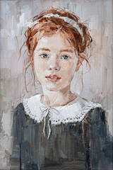 Art painting. Portrait of a girl with red hair is made in a classic style.