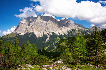 Fototapeta na wymiar View from a vantage point of the valley with the ski slopes and the Zugspitze in summer in Ehrwald in Austria.