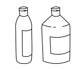 Doodle bottle set. Black outline isolated on a white background. Bottles with closed caps and blank labels. Rounded shapes. Vector.