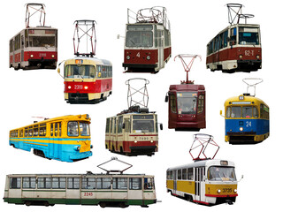 Set of trams. Trams isolated pack. Urban vehicles collection