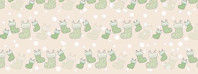 pattern socks christmas background green biege gray snowflakes new year horizontal banner