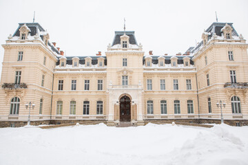 Fototapeta na wymiar pototsky palace architecture covered with snow