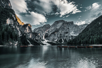 Braies lake , the largest natural Dolomite lake, Italy.