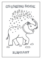 Kids Coloring book Merry Christmas! with Elephant making fountain of snowflakes and letters. Black and white, made in vector.