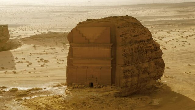 Aerial Panning Above The Ancient Madain Saleh Tomb In The Arabian Desert