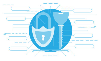 Cybersecurity.key and lock design of internet network locking Blue color on white background.infographic private key for cryptocurrency. Global Digital technologies and infographic concept. Vector ,il