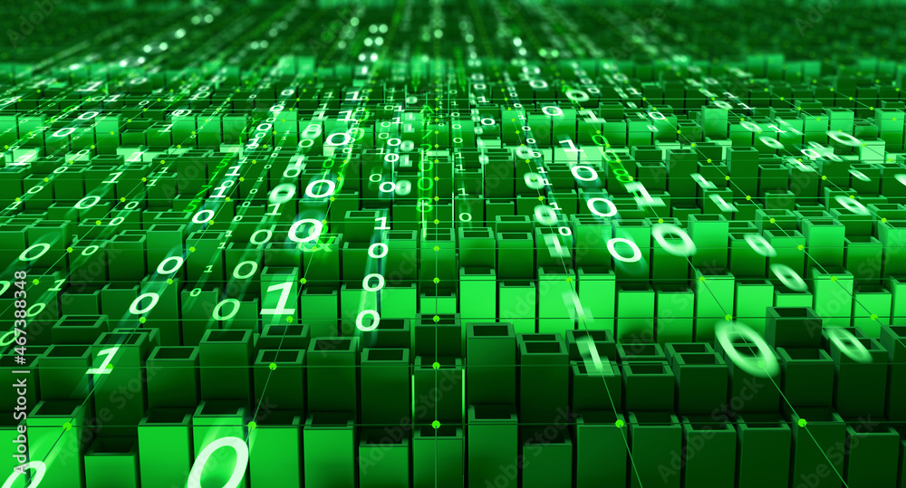 Poster Cyber technology 3D illustration. Digital data field and binary code elements. Futuristic cyberspace of global computer networks