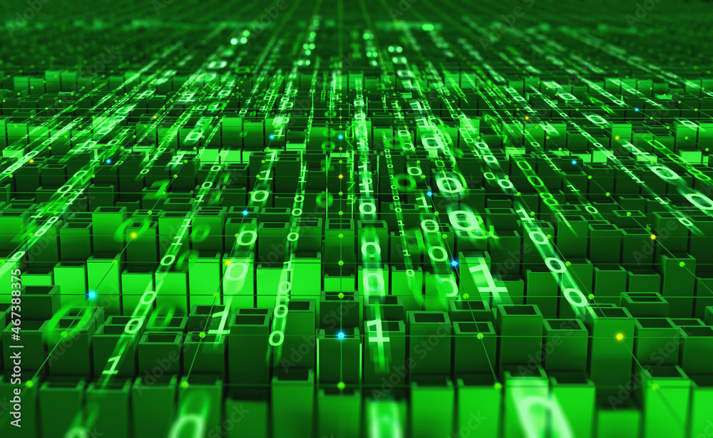 Poster Cyber technology 3D illustration. Digital data field and binary code elements. Futuristic cyberspace of global computer networks