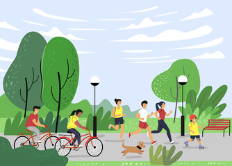 People in city park running and cycling vector. Cartoon characters