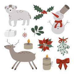 Christmas set with cute snowman, bear, deer