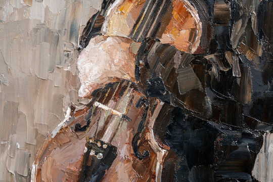 Junior with violin. The boy plays on a musical instrument. Oil painting on canvas. Contemporary art.