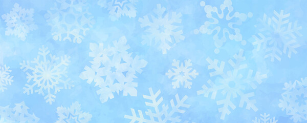 Vector watercolor blue and white texture for cards. Snowflakes. Hand drawn vector texture. Pastel color watercolour banner. Splashes. Christmas background. Template for design. Merry Christmas!
